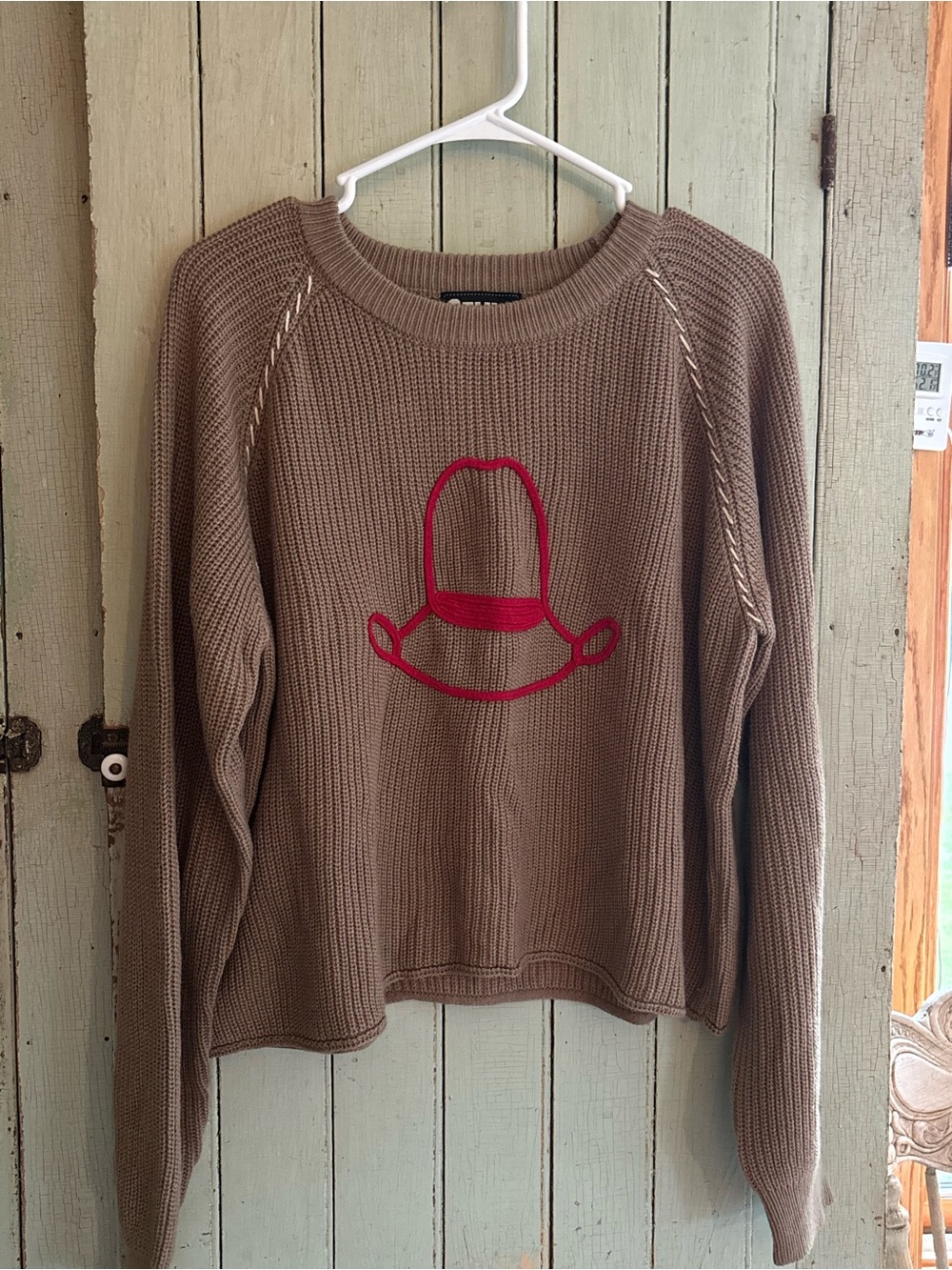 Brown Crewneck Knit Sweater with Red Hat Motif